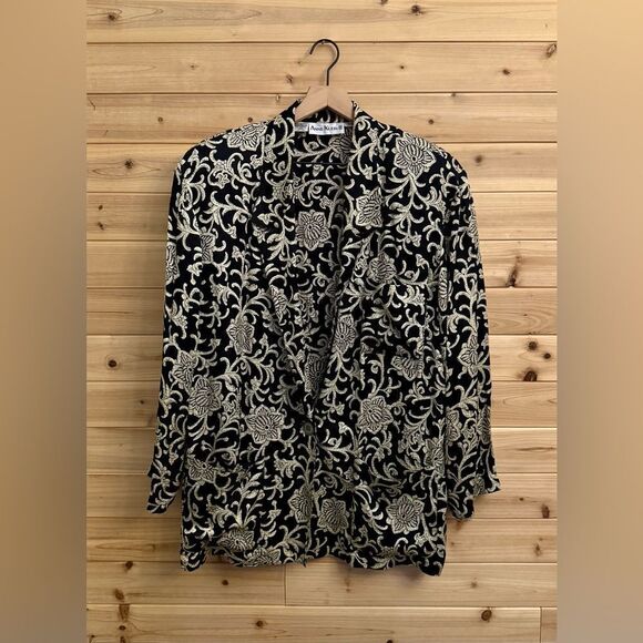 Vintage Anne Klein Size XLarge Silk Oversized Filigree Pattern Boyfriend Blazer - Picture 1 of 13